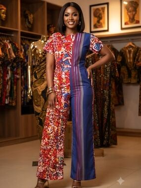 Ankara Short-Sleeve Jumpsuit - Red & Blue